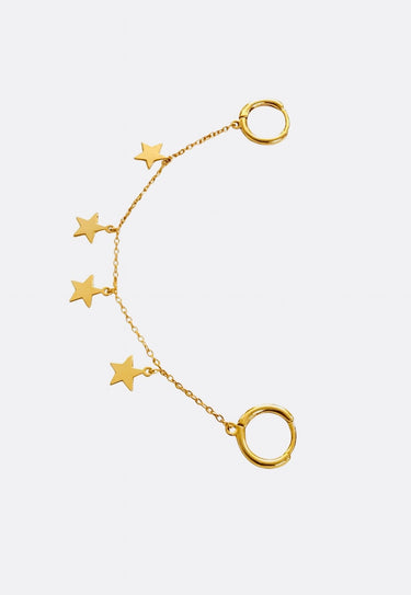 Vega Chain Huggies in gold – double huggie earrings connected by delicate chain with dangling star charms