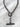 A black enamel necklace with a chain link design displayed against a textured grey background.