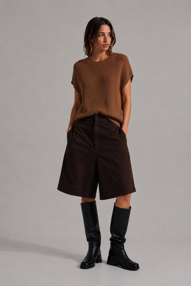 Addit lightweight knit top in brown with cap sleeves and a relaxed silhouette.