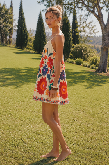 Model wearing the Aitana Jumpsuit in a colorful floral print with adjustable straps and a relaxed fit, shown in a side profile outdoors to highlight the lightweight silhouette and vacation-ready style.