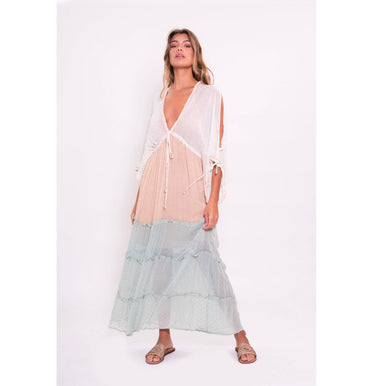 Alanis Maxi Dress color-block tiered maxi dress with long sleeves, front view.