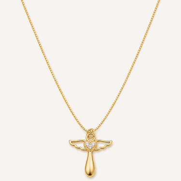 Angel Necklace gold angel pendant necklace with wing details on neutral background showing delicate chain and polished finish.