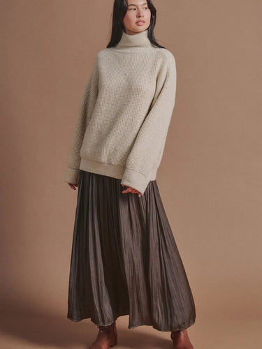 Front view of the Annie chocolate brown pleated maxi skirt.