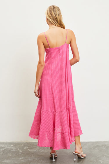 Back view of Ainsley Pink Midi Dress showing relaxed fit and flowy texture.