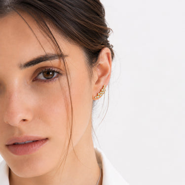 Boston Stud Earrings gold filled pavé ear climber earrings worn on model.