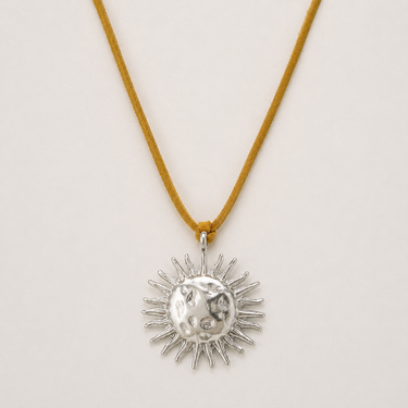 Bumert Necklace silver sun pendant statement necklace with textured celestial design.