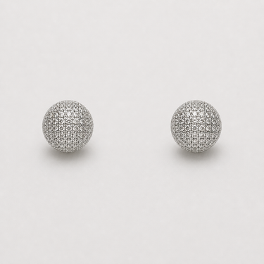 Delhi Stud Earrings front view of pavé sphere stud earrings showcasing crystal-covered rounded shape.