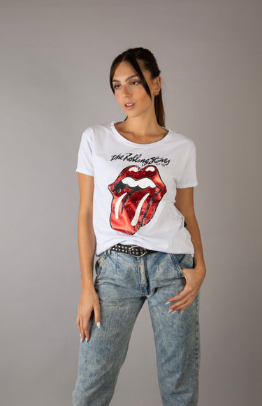 Model wearing the Electric Soul Shirt — white vintage graphic tee with red Rolling Stones tongue design, styled with relaxed jeans and black belt.