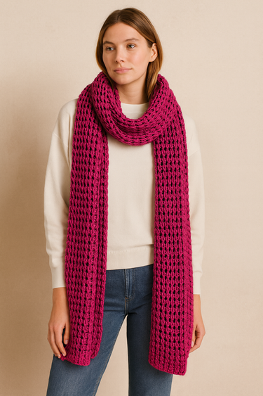 Woman wearing the Eto Pashmina in fuchsia chunky knit wool, vibrant texture, cozy editorial photo – Matte.