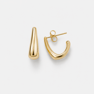 Eva Hoop Earrings featuring polished gold-plated tapered teardrop hoop earrings with a smooth sculptural silhouette, rounded open hoop design, high-shine finish, lightweight construction, secure post-back closure, and a modern minimalist style.
