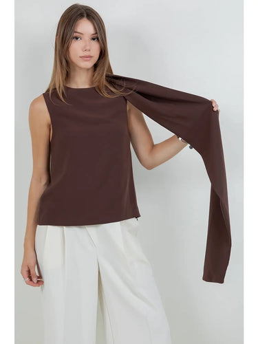 Gladstone Blouse sleeveless chocolate brown top with dramatic draped scarf accent.
