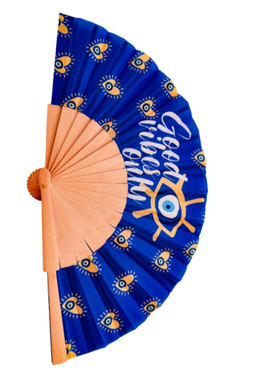 Blue hand fan with protective eye print and “Good Vibes Only” text – wooden handle – Matte