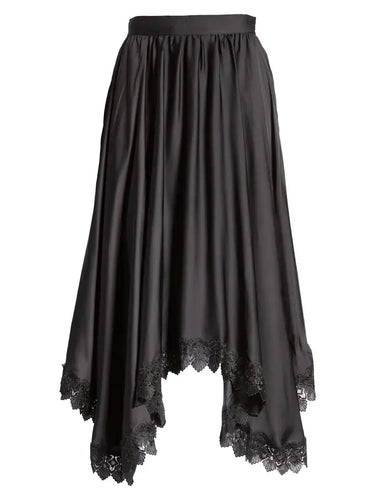 Granada Lace Skirt – flat lay view satin asymmetric midi with lace trim on a white background