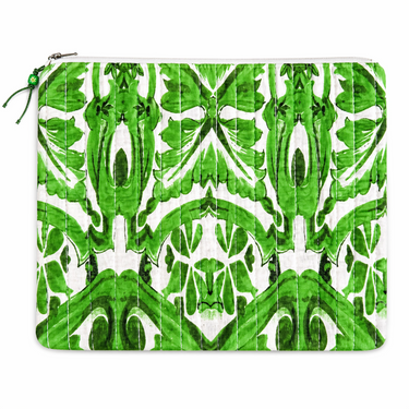 Beach pouch with green tropical-inspired print featuring abstract leafy patterns and zip closure on a flat rectangular pouch.