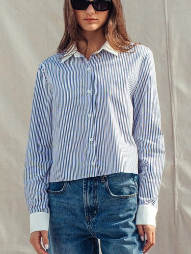 The Hampton Stripe Shirt in blue and white stripes with contrast collar and cuffs.