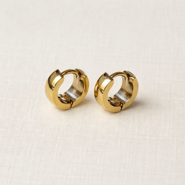 Iris Huggie Earrings small gold-toned huggie earrings shown side by side on fabric background.