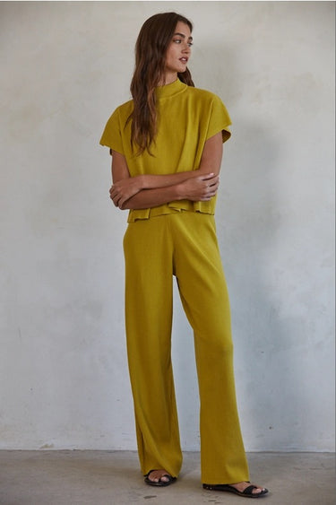Ithaca Pant olive mustard ribbed knit wide-leg pants styled with matching top.