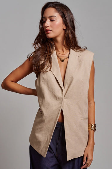 Kaia Vest front view of beige tailored longline vest.