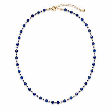 Laia Necklace blue faceted beaded necklace with gold-tone accents on white background.
