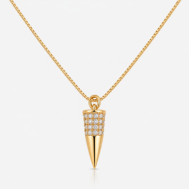 Lenat Necklace featuring a gold spike pendant with pavé crystal detailing on a fine gold chain against a neutral background.