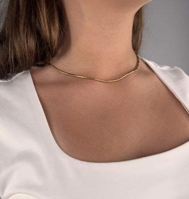 Model wearing Lester Necklace by Matte, gold filled tubular link chain, 16 inch