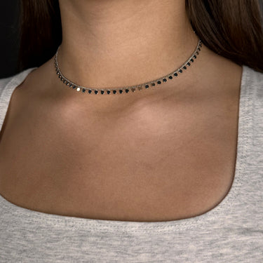 Model wearing Maison Necklace by Matte, silver disc chain choker, 14 inch
