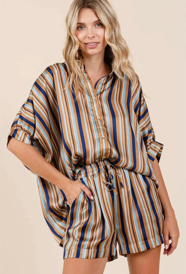 Front view of the Mara striped oversized blouse.
