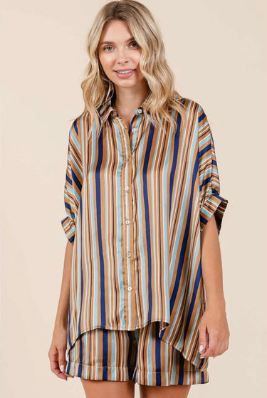 Front view of the Mara striped button-up shirt.