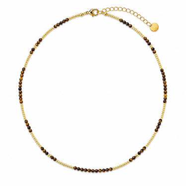Meri Necklace brown beaded necklace flat lay showing delicate beads, gold clasp, and adjustable extender.