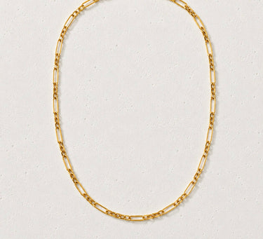 Mirat Necklace featuring a 16-inch gold-filled paperclip chain with 4mm elongated links, styled on a white background showcasing its minimalist design and polished finish.