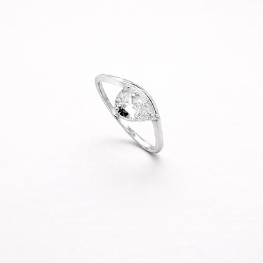 Misuki Ring silver thin band ring with pear cut clear zirconia stone minimalist stacking ring on neutral background