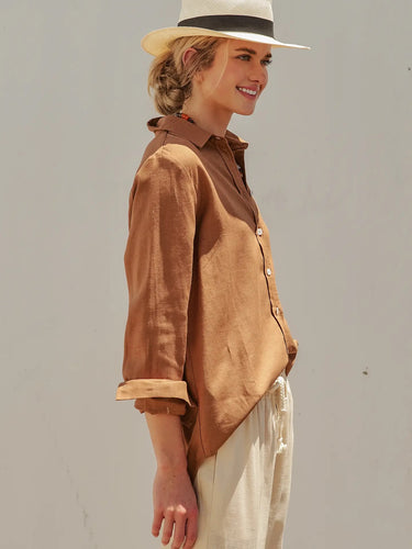 Moort linen-blend button-up shirt in camel with a relaxed fit.