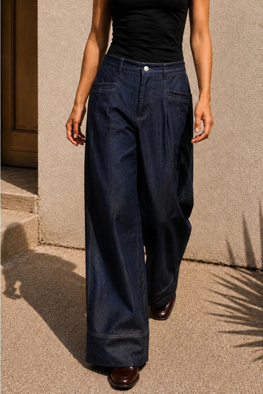 Murish Trouser dark indigo wide-leg trousers showing front pocket detail.