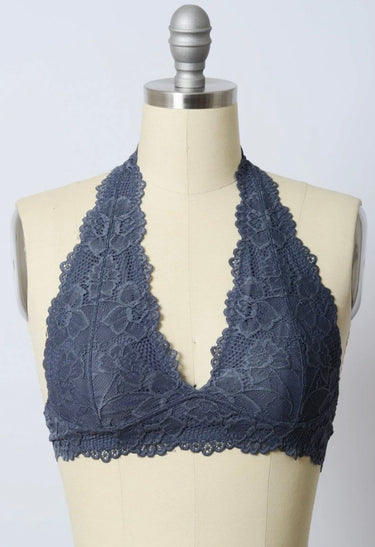 Front view of the blue lacy mystic bralette.