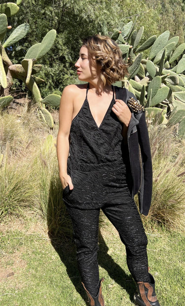 Close-up of black lurex Neir Jumpsuit fabric with subtle shimmer — Matte Concept Store