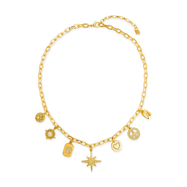 A gold-plated necklace with multiple charms including a heart, a star, and other geometric shapes. Nia necklace by Matte, 15-inch gold plated chain with 5.5-inch extender on neutral background
