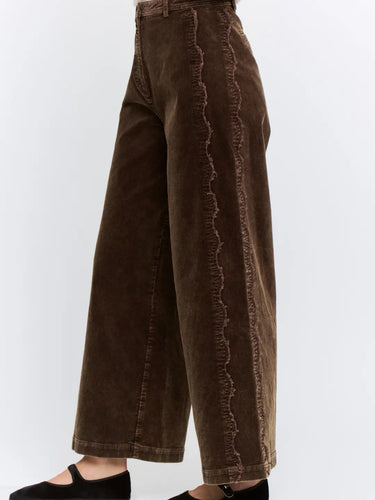 Octavia Jeans in chocolate brown wide-leg denim with a high-rise waist, relaxed fit, and full-length silhouette.