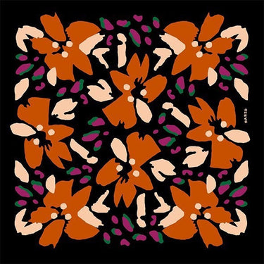 Picasso Scarf with multicolor artistic floral print on black background, square silky accessory photo for Matte.