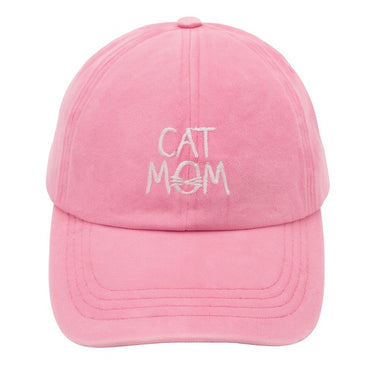 Pink cap with 'CAT MOM' text on a white background