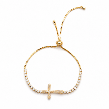 Plem Bracelet gold adjustable cross bracelet with crystal accents on delicate chain.