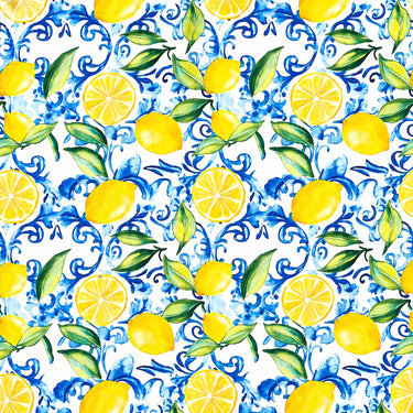 Posty Scarf with vibrant lemon print layered over blue Mediterranean tile-inspired pattern, featuring detailed citrus illustrations and ornate motifs on a lightweight square scarf.