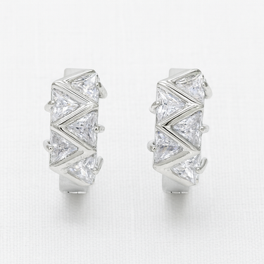 Reims Huggie Earrings with geometric zigzag stone design and polished silver finish