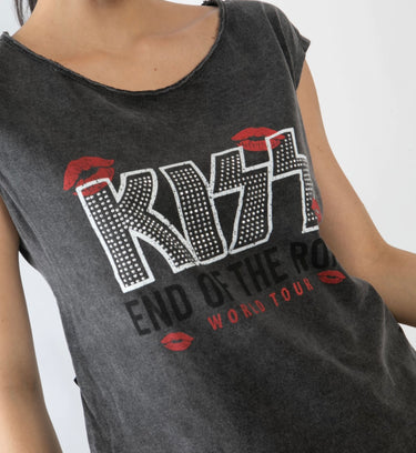 Rockstar Graphic Tee — black washed KISS tour graphic t-shirt with red lips print, sleeveless cut, laid flat and modeled for an edgy vintage look, close up.