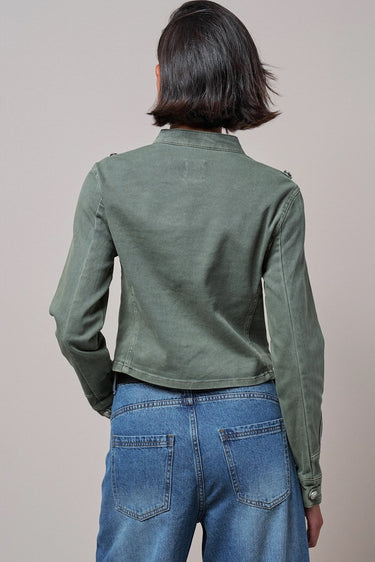 Back view of the Sacha washed sage cropped jacket showing its structured fit and seam detailing.