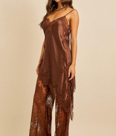 Front view of the brown Sap satin and lace matching set.