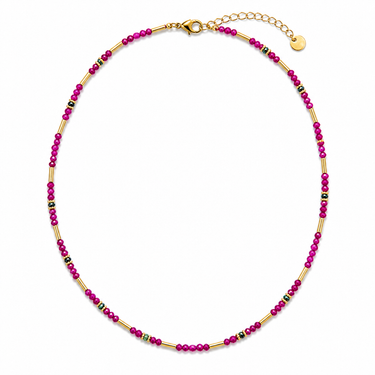 Sarkit Necklace pink beaded necklace with gold accents and vibrant faceted beads.
