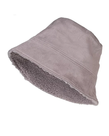 Sherpa Bucket Hat in soft gray faux suede with plush sherpa lining, cozy winter accessory for women, part of Matte Accessories collection.