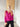 Model wearing Shibori Blouse in fuchsia silk with lace sleeves, tucked — Matte Concept Store