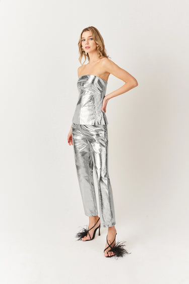 Full outfit featuring the Mave Bandeau Top and pants in metallic silver, elegant structured silhouette, Matte collection.