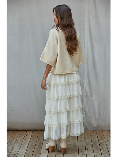 Talina lightweight ivory knit cardigan with a relaxed silhouette, soft knit texture, elbow-length sleeves, and rolled-edge trim, shown from the back.
